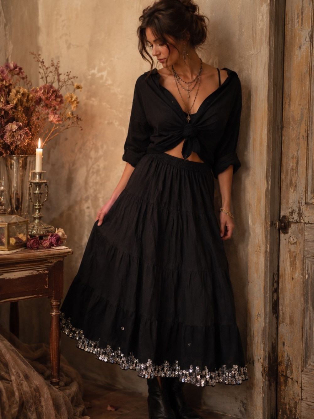 Faded Glory Black Cotton Tiered‎ Sequin Hem Midi Skirt Plus 22/24W